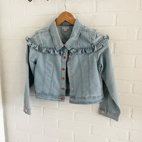 Nanette Lepore girl’s Denim Jacket Crop Light wash Ruffled Cotton blend Sz 12 - Picture 9 of 10